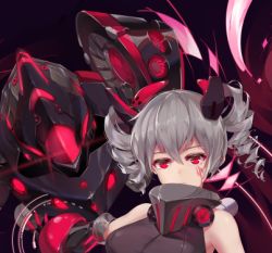 Rule 34 | 1girl, bare shoulders, black background, black leotard, bronya zaychik, bronya zaychik (black nucleus), close-up, closed mouth, drill hair, grey hair, honkai (series), honkai impact 3rd, leotard, lowres, paid reward available, project bunny, red eyes, simple background, sleeveless, twin drills, zomzomzomsauce