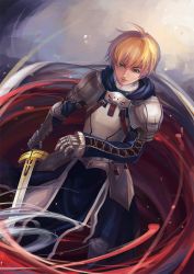 Rule 34 | 1boy, armor, arthur pendragon (fate), blonde hair, excalibur (fate/stay night), fate/prototype, fate (series), green eyes, highres, male focus, nataku39, short hair, solo, sword, weapon