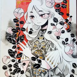 Rule 34 | 1girl, expressionless, eyes visible through hair, flower, hand up, leaf, limited palette, long hair, looking down, maruti bitamin, original, patterned clothing, pink flower, plant, red eyes, short sleeves, solo, upper body, white hair