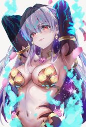 1girl armlet armor armpits arms_behind_back arms_up bikini_armor blue_hair blue_skin blush breasts cleavage closed_mouth collar colored_inner_hair colored_skin earrings fate/grand_order fate_(series) flower gradient_skin hair_ribbon jewelry kama_(fate) kama_(third_ascension)_(fate) large_breasts long_hair looking_at_viewer lotus metal_collar multicolored_hair navel petals red_eyes ribbon shirt smile smug solo two-tone_hair upper_body ushiroayu white_shirt