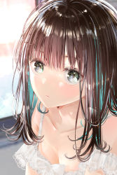 Rule 34 | 1girl, akasaka asa, blue hair, breasts, brown hair, cleavage, closed mouth, collarbone, colored inner hair, grey eyes, highres, long hair, multicolored hair, original, small breasts, solo, straight hair, sunlight, two-tone hair, upper body