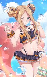 Rule 34 | 1girl, abigail williams (emerald float) (fate), abigail williams (fate), absurdres, bare shoulders, bikini, black bikini, black bow, blonde hair, blue eyes, blue sky, bow, breasts, collarbone, day, double bun, emerald float, fate/grand order, fate (series), forehead, fork, hair bow, hair bun, highres, innertube, long hair, looking at viewer, multiple hair bows, navel, official alternate costume, open mouth, orange bow, parted bangs, pink innertube, polka dot, polka dot bow, scrunchie, sidelocks, sky, small breasts, smile, solo, swim ring, swimsuit, thighs, unlock-creed, water drop, wrist scrunchie