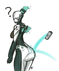 Rule 34 | 1girl, ?, ass, bodysuit, breasts, explosive, grenade, highres, kimyouna juju, looking at viewer, nova (warframe), ricocheting, simple background, solo, thighs, warframe, white background