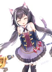 Rule 34 | 1girl, absurdres, animal ear fluff, animal ears, arms behind back, backlighting, bare shoulders, black hair, black thighhighs, blush, breasts, cat ears, cat girl, cat tail, closed eyes, closed mouth, commentary request, facing viewer, frilled skirt, frills, garter straps, highres, holding, holding staff, karyl (princess connect!), long hair, low twintails, multicolored hair, omoomomo, princess connect!, purple skirt, ringlets, shirt, signature, simple background, skirt, sleeveless, sleeveless shirt, small breasts, solo, staff, streaked hair, tail, tail raised, thighhighs, tongue, tongue out, twintails, very long hair, white background, white hair, white shirt