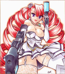 Rule 34 | aq interactive, arcana heart, arcana heart 2, areola slip, atlus, bare shoulders, breasts, c.r., cleavage, dress, drill hair, dual wielding, earrings, elbow gloves, examu, flower, garter belt, garter straps, gloves, gun, hair flower, hair ornament, hands on own hips, holding, jewelry, lace, lace-trimmed legwear, lace trim, large breasts, long hair, necklace, nipple slip, nipples, no bra, orange hair, panties, pantyshot, pendant, petra johanna lagerkvist, purple eyes, red hair, rose, signature, solo, thighhighs, twin drills, twintails, underwear, upskirt, very long hair, weapon, white panties, white thighhighs, zettai ryouiki