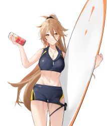 Rule 34 | 1girl, absurdres, bare arms, bare shoulders, black shirt, black shorts, breasts, brown eyes, brown hair, can, cleavage, commentary request, cowboy shot, crop top, girls&#039; frontline, girls&#039; frontline neural cloud, grin, hair between eyes, hand up, highres, holding, holding can, jewelry, long hair, looking at viewer, midriff, navel, necklace, shirt, short shorts, shorts, simple background, sleeveless, sleeveless shirt, smile, sol (neural cloud), solo, standing, stomach, surfboard, thighs, very long hair, white background, xiaobei