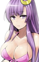 Rule 34 | 1girl, alternate costume, bikini, breasts, cleavage, closed mouth, collarbone, crescent, crescent hair ornament, hair ornament, highres, large breasts, long hair, looking at viewer, one-hour drawing challenge, patchouli knowledge, pink bikini, purple eyes, purple hair, sidelocks, solo, swimsuit, touhou, upper body, white background, y2