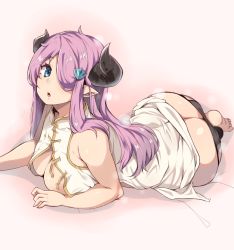 Rule 34 | 10s, 1girl, :o, ass, bare shoulders, barefoot, black panties, blue eyes, breasts, butt crack, cleavage, draph, granblue fantasy, hair ornament, hair over one eye, hairpin, highres, horns, huge ass, large breasts, long hair, looking at viewer, lying, moisture (chichi), narmaya (granblue fantasy), narrow waist, open clothes, open mouth, panties, plump, pointy ears, purple hair, shirt, sidelocks, sleeveless, solo, underwear, white shirt, wide hips