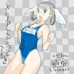 Rule 34 | 1girl, bad id, bad pixiv id, blue eyes, curly hair, head wings, looking at viewer, melia antiqua, name tag, nintendo, one-piece swimsuit, school swimsuit, solo, swimsuit, takayama toshinori, white hair, wings, xenoblade chronicles (series), xenoblade chronicles 1