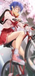 Rule 34 | 1girl, ahoge, bag, bicycle, black bag, blue hair, blurry, blush, bow, bread slice, cherry blossoms, commentary request, falling petals, food, food in mouth, glasses, green eyes, hair between eyes, hair over eyes, highres, looking at viewer, mouth hold, neckerchief, outdoors, pallad, petals, pink footwear, pink serafuku, pink shirt, pleated skirt, red bow, red neckerchief, red sailor collar, red skirt, riding, riding bicycle, sailor collar, school bag, school uniform, serafuku, shirt, shoes, short hair, skirt, sneakers, socks, solo, thighs, to heart (series), to heart 2, toast, toast in mouth, tonami yuma, white socks