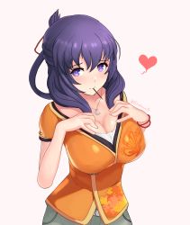 Rule 34 | 1girl, absurdres, animal print, belt, blush, breasts, butterfly print, cleavage, closed mouth, collarbone, commentary, crescent, crescent necklace, eiyuu densetsu, embarrassed, english commentary, falcom, food, green pants, hair between eyes, hair ribbon, hair rings, hajimari no kiseki, hands on own chest, heart, highres, jacket, jewelry, large breasts, looking at viewer, medium hair, mouth hold, necklace, orange jacket, pants, pink background, pocky, purple eyes, purple hair, red ribbon, ribbon, rixia mao, short sleeves, simple background, solo, stormowl0, tareme, twitter username, valentine, white belt, wristband