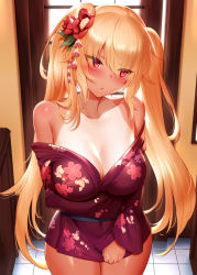 Rule 34 | 1girl, bare shoulders, blonde hair, blush, breast hold, breasts, cleavage, collarbone, commentary, cowboy shot, dark-skinned female, dark skin, door, embarrassed, eyes visible through hair, female focus, floral print, flower, hair between eyes, hair flower, hair ornament, highres, hiyake-chan, indoors, japanese clothes, kimono, kimono tug, large breasts, long hair, looking away, looking to the side, m-da s-tarou, off shoulder, one-piece tan, open mouth, original, purple kimono, red eyes, short kimono, solo, sweat, tan, tanline, tile floor, tiles, twintails