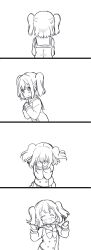 Rule 34 | 1girl, 4koma, :o, ^ ^, clenched hands, closed eyes, comic, covering face, dot nose, facing away, facing viewer, floating hair, from side, ganbaru pose, greyscale, grin, hair between eyes, hands up, happy, highres, kurosawa ruby, long sleeves, looking at viewer, love live!, love live! sunshine!!, medium hair, mezashi (mezamashi set), monochrome, neck ribbon, open mouth, pleated skirt, ribbon, sailor collar, school uniform, serafuku, shy, silent comic, simple background, skirt, smile, solo, two side up, upper body, uranohoshi school uniform, white background