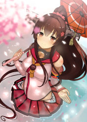 Rule 34 | 10s, 1girl, breasts, brown eyes, brown hair, ccaw, cherry blossoms, elbow gloves, female focus, flower, gloves, hair flower, hair ornament, highres, kantai collection, large breasts, long hair, looking at viewer, looking up, miniskirt, oil-paper umbrella, pleated skirt, ponytail, red skirt, revision, skirt, smile, solo, branch, umbrella, upper body, very long hair, wading, yamato (kancolle)