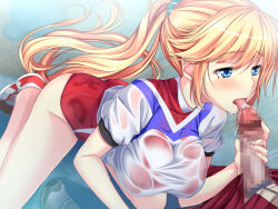 Rule 34 | 1girl, anna belmonte, blonde hair, blue eyes, blush, breasts, censored, feet, fellatio, game cg, jacket, kneeling, large breasts, legs, leotard, licking, long hair, marushin (denwa0214), mole, mosaic censoring, oral, penis, ponytail, shoes, sneakers, solo focus, standing, supokon! sports wear complex, swimsuit, thighs, track jacket, wet, wet clothes