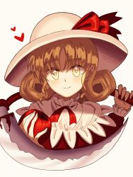 Rule 34 | 1girl, apple, blonde hair, capelet, closed mouth, commentary request, curly hair, dress, elly (touhou), food, fruit, happy, hat, hat ribbon, head tilt, heart, highres, holding, holding food, holding fruit, holding scythe, neck ribbon, red dress, red ribbon, ribbon, scythe, simple background, smile, solo, sun hat, touhou, touhou (pc-98), turtle-kun, white background, white capelet, white hat, yellow eyes