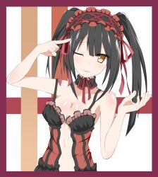 Rule 34 | 1girl, alruna, bare shoulders, black hair, border, breasts, date a live, finger to head, frilled hairband, frills, hairband, highres, lolita hairband, medium breasts, one eye closed, red border, solo, tokisaki kurumi, twintails, two-tone dress, upper body, yellow eyes