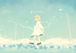 Rule 34 | 1girl, abstract, absurdres, black footwear, building, chyoma, closed eyes, closed mouth, commentary request, copyright name, floating, highres, lamppost, original, paper airplane, parades (vocaloid), road, sky, solo, street, vocaloid, white legwear