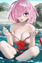 Rule 34 | 1girl, bare shoulders, beach, breasts, cleavage, day, fate/grand order, fate (series), glasses, hair over one eye, highres, indian style, large breasts, looking at viewer, mash kyrielight, mash kyrielight (swimsuit of perpetual summer), official alternate costume, one-piece swimsuit, open mouth, partially submerged, pink eyes, pink hair, red-framed eyewear, ryan tien, sitting, solo, swimsuit, white one-piece swimsuit