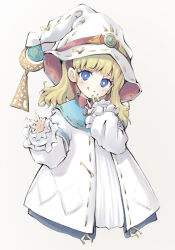 Rule 34 | 1girl, blonde hair, blue eyes, blush, bright pupils, child, closed mouth, diabellze the original sinkeeper, duel monster, frilled cuffs, hand up, hat, head tilt, medium hair, mini hat, mini witch hat, nakazawa aki, red ribbon, ribbon, risette of the white woods, smile, solo, tongue, tongue out, upper body, white pupils, witch hat, yu-gi-oh!