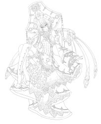Rule 34 | 00s, 1girl, absurdres, androgynous, ascot, boots, brooch, dress, flat chest, frills, greyscale, hat, head tilt, headdress, highres, jewelry, lace, lineart, looking at viewer, monochrome, osamu (jagabata), seth nightroad, short hair, sitting, smile, solo, thigh boots, thighhighs, trinity blood