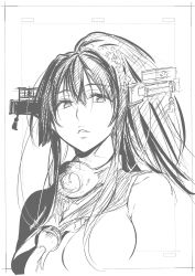 Rule 34 | 1girl, absurdres, breasts, cherry blossoms, graphite (medium), greyscale, headgear, highres, kantai collection, kojima takeshi, long hair, medium breasts, monochrome, parted lips, ponytail, portrait, solo, traditional media, yamato (kancolle)