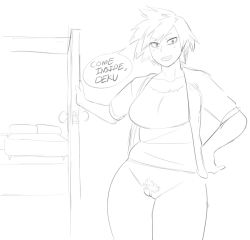 Rule 34 | 10s, 1girl, bakugou mitsuki, bed, boku no hero academia, bottomless, breasts, eyebrows, female pubic hair, greyscale, hand on own hip, large breasts, leaning on object, mature female, monochrome, no panties, no pants, noill, open mouth, presenting, pubic hair, pussy, smile, solo, spiked hair, uncensored