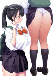 Rule 34 | 1girl, ass, backpack, bag, black footwear, black hair, black skirt, black socks, blush, bow, bowtie, breasts, closed mouth, collared shirt, kaisen chuui, kneehighs, large breasts, long hair, multiple views, original, panties, ponytail, red bow, red bowtie, shirt, shirt tucked in, shoes, simple background, skirt, socks, thighs, underwear, white background, white panties, white shirt