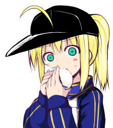 Rule 34 | 1girl, ahoge, artoria pendragon (fate), baozi, baseball cap, blonde hair, eating, fate/grand order, fate (series), food, green eyes, gym uniform, hat, jacket, mysterious heroine x (fate), ponytail, rojiura satsuki : chapter heroine sanctuary, saber (fate), scarf, sen (astronomy), simple background, solo, track jacket, triangle mouth, upper body, white background