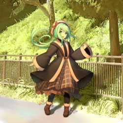 Rule 34 | 1girl, :d, ahoge, bad id, bad pixiv id, beret, black pantyhose, blush, boots, bow, brown bow, brown footwear, brown jacket, brown skirt, commentary, day, fence, fur-trimmed boots, fur trim, green eyes, green hair, hair between eyes, hair ornament, hairclip, hand up, hat, hat bow, head tilt, hua ye, jacket, long hair, long sleeves, low ponytail, open clothes, open jacket, open mouth, original, outdoors, pantyhose, ponytail, sidelocks, skirt, sleeves past wrists, smile, solo, standing, symbol-only commentary, tree, very long hair, white hat, wide sleeves, wind