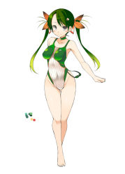 Rule 34 | 1girl, bare arms, bare legs, bare shoulders, barefoot, blush, bow, breasts, closed mouth, color guide, feet, full body, gluteal fold, gradient hair, green hair, green plesioth, grey eyes, hair bow, looking at viewer, medium breasts, monster hunter (series), multicolored clothes, multicolored hair, multicolored swimsuit, ohta yuichi, one-piece swimsuit, orange bow, personification, simple background, smile, solo, standing, swimsuit, thigh gap, toes, twintails, white background