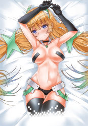 Rule 34 | 1girl, angela balzac, armpits, arms up, bad id, bad pixiv id, bed sheet, black gloves, black panties, black thighhighs, blonde hair, blue eyes, blush, breasts, collarbone, cowboy shot, digital dissolve, elbow gloves, gloves, hair ornament, headgear, large breasts, lhu (barappra1), long hair, looking at viewer, looking to the side, low twintails, lying, navel, on back, on bed, panties, rakuen tsuihou, revealing clothes, solo, thighhighs, twintails, underwear, very long hair