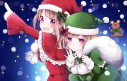 Rule 34 | 2girls, :d, bow, breasts, brown hair, capelet, christmas, commentary request, dress, frills, from side, gloves, gradient background, green bow, green dress, green hat, hand up, hat, holding, holding sack, jitome, leaning forward, long hair, long sleeves, looking at viewer, multiple girls, nanase eka, open mouth, original, parted lips, plaid, plaid bow, pointing, pointing up, pom pom (clothes), red dress, red eyes, red hat, sack, santa costume, santa hat, short hair, sidelocks, smile, snowing, sparkle background, stuffed animal, stuffed toy, tareme, teddy bear, teeth, upper teeth only, white gloves
