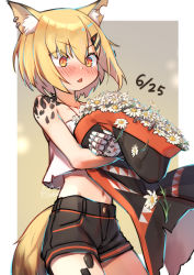Rule 34 | 1girl, animal ear fluff, animal ears, arknights, blonde hair, blush, brown eyes, coat, dated, fang, female focus, flower, fox ears, fox tail, hair ornament, hairclip, highres, hood, jewelry, material growth, mechanical arms, midriff, mitake eil, navel, necklace, notched ear, oripathy lesion (arknights), short hair, short shorts, shorts, single mechanical arm, skin fang, solo, tail, triangle mouth, unworn cape, unworn coat, vermeil (arknights)