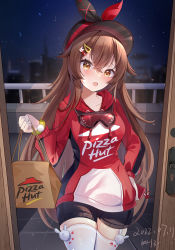 Rule 34 | 1girl, :o, amber (genshin impact), amber (pizza hut) (genshin impact), bag, baseball cap, black shorts, blush, bow, brown eyes, brown hair, cellphone charm, charm (object), dated, doorway, genshin impact, gloves, goggles, goggles around neck, hair ornament, hairclip, hand on own hip, hat, hat bow, highres, holding, holding bag, holding phone, hood, hoodie, long hair, looking at viewer, miaogujun, night, night sky, official alternate costume, open mouth, paper bag, phone, pizza hut, pom pom (clothes), pov doorway, print hoodie, print sweater, rabbit hair ornament, red hoodie, short shorts, shorts, signature, skindentation, sky, solo, sweater, thighhighs, thighs, very long hair, white gloves, white thighhighs