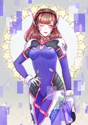 Rule 34 | 1girl, abstract background, acronym, animal print, bad id, bad pixiv id, blue bodysuit, bodysuit, breasts, brown eyes, brown hair, clothes writing, cowboy shot, d.va (overwatch), eyelashes, facepaint, facial mark, facing viewer, finger on trigger, gloves, gun, hand on own hip, handgun, headphones, high collar, holding, holding gun, holding weapon, long hair, looking away, looking to the side, overwatch, overwatch 1, pilot suit, pink lips, pistol, rabbit print, ribbed bodysuit, shiqi17, shoulder pads, skin tight, small breasts, solo, star (symbol), swept bangs, weapon, whisker markings, white gloves