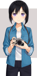 Rule 34 | 1girl, absurdres, apollo (hu maple), black hair, black pants, blue jacket, blush, bob cut, camera, casual, closed mouth, commentary request, cowboy shot, grey background, highres, holding, holding camera, jacket, long sleeves, looking at viewer, open clothes, open jacket, original, pants, purple eyes, shirt, short hair, smile, solo, unbuttoned, white shirt, wing collar