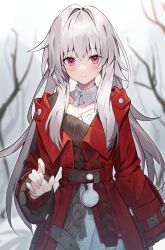 Rule 34 | 1girl, absurdres, blurry, blurry background, branch, brown sweater, clara (honkai: star rail), closed mouth, coat, commentary, detached collar, dress, hair intakes, highres, honkai: star rail, honkai (series), long hair, long sleeves, looking at viewer, pink eyes, potion, red coat, shiroi ou, smile, solo, sweater, upper body, white dress, white hair