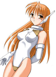 Rule 34 | 1girl, arm behind back, breasts, breasts apart, covered erect nipples, elbow gloves, from side, gloves, halterneck, hmx-13 serio, legs together, leotard, long hair, matching hair/eyes, medium breasts, orange eyes, orange hair, robot ears, serio (to heart), simple background, skin tight, solo, standing, to heart, to heart (series), white background