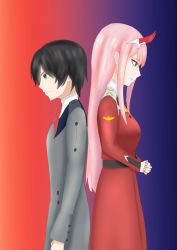 Rule 34 | 10s, 1boy, 1girl, back-to-back, black hair, blue eyes, commentary request, couple, darling in the franxx, fringe trim, green eyes, hair ornament, hairband, height difference, highres, hiro (darling in the franxx), horns, long hair, military, military uniform, necktie, oni horns, orange neckwear, pink hair, red horns, red neckwear, short hair, uniform, white hairband, xsekix, zero two (darling in the franxx)