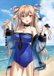 Rule 34 | 1girl, adapted costume, beach, black neckerchief, blue one-piece swimsuit, blue sky, brown eyes, choker, cloud, contrapposto, cowboy shot, day, hair ornament, jacket, johnston (kancolle), kantai collection, light brown hair, long hair, looking at viewer, mayura (lucadia), neckerchief, official alternate costume, one-piece swimsuit, open clothes, open jacket, outdoors, see-through, see-through jacket, sky, solo, swimsuit, two side up