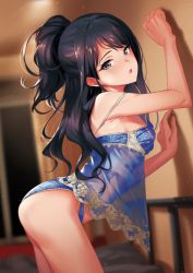 Rule 34 | 1girl, absurdres, against wall, arched back, armpits, ass, babydoll, black hair, blue eyes, blue panties, blurry, blurry background, blush, breasts, contrapposto, cowboy shot, depth of field, dutch angle, from side, fukushi ryouhei, half updo, highres, idolmaster, idolmaster shiny colors, indoors, kazano hiori, lace, lace trim, light particles, lingerie, long hair, looking at viewer, mole, mole under mouth, open mouth, panties, see-through, small breasts, solo, strap slip, swept bangs, underwear, underwear only, wavy hair, window