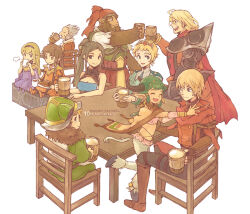 Rule 34 | 4girls, 6+boys, :d, aht, beard, blonde hair, brown hair, chair, cup, drinking, eruca, facial hair, full body, gafka, green eyes, heiss, horns, lippti, marco (radiant historia), mug, multiple boys, multiple girls, open mouth, pixie cut, pointy ears, poncho, radiant historia, raynie, rosch, short hair, simple background, sitting, smile, stocke, table, teo, toasting (gesture), tommy0117, white background