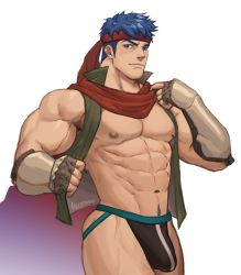 Rule 34 | 1boy, abs, absurdres, bara, bare arms, bare pectorals, bare shoulders, black male underwear, blue eyes, blue hair, bulge, erection, erection under clothes, feet out of frame, fire emblem, headband, helbai, highres, ike (fire emblem), jockstrap, large pectorals, looking at viewer, male focus, male underwear, muscular, muscular male, navel, navel hair, nintendo, nipples, no pants, pectorals, red scarf, scarf, shirt, short hair, sideburns, solo, stomach, thick thighs, thighs, underwear