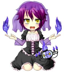 Rule 34 | 10s, 1girl, chandelure, chibi, creatures (company), dress, dual persona, female focus, fire, full body, game freak, gen 5 pokemon, jewelry, moemon, necklace, nintendo, open mouth, personification, pokemon, pokemon bw, ponytail, purple hair, short hair, simple background, sitting, smile, solo, veil, white background, yellow eyes