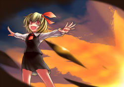 Rule 34 | 1girl, araki (qbthgry), blonde hair, cloud, darkness, embodiment of scarlet devil, female focus, hair ribbon, highres, necktie, open mouth, outstretched arms, red eyes, ribbon, rumia, short hair, skirt, solo, spread arms, sunset, touhou