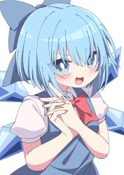 Rule 34 | 1girl, absurdres, blue bow, blue dress, blue eyes, blue hair, blush, bow, bowtie, cirno, collared shirt, dress, fairy, fang, hair between eyes, hair bow, highres, ice, ice wings, looking at viewer, open mouth, own hands together, pinafore dress, red bow, red bowtie, shirt, short hair, short sleeves, simple background, skin fang, sleeveless, sleeveless dress, smile, solo, touhou, tsukimirin, upper body, white background, white shirt, wings