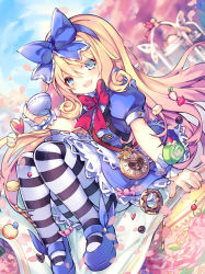 Rule 34 | 1girl, :d, alice (alice in wonderland), ao jun, apple rabbit, apron, blonde hair, blue bow, blue dress, blue eyes, blue footwear, blue hairband, blue sky, blurry, blurry background, blush, bow, bowtie, candy wrapper, cloud, commentary request, cup, day, depth of field, doughnut, dress, dutch angle, fingernails, flower, food, food art, hair between eyes, hair bow, hairband, holding, holding cup, long hair, macaron, mary janes, open mouth, outdoors, pantyhose, pink flower, pink rose, pocket watch, puffy short sleeves, puffy sleeves, red bow, red bowtie, roman numeral, rose, shadowverse, shoes, short sleeves, sitting, sky, smile, solo, striped clothes, striped pantyhose, teacup, very long hair, waist apron, watch, white apron, wrist cuffs