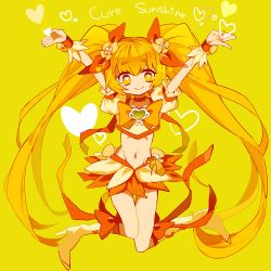 Rule 34 | 10s, 1girl, blonde hair, boots, bow, brooch, cure sunshine, hair ribbon, heart, heart-shaped pupils, heart brooch, heartcatch precure!, highres, jewelry, knee boots, long hair, magical girl, midriff, myoudouin itsuki, navel, orange bow, orange skirt, precure, ribbon, skirt, smile, solo, symbol-shaped pupils, text focus, twintails, very long hair, wrist cuffs, yellow background, yellow bow, yellow eyes, yellow theme, yuucho (cololal)