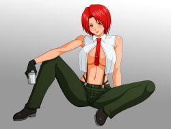 Rule 34 | blush, breasts, denim, jeans, large breasts, makani kohitujito, midriff, navel, necktie, open clothes, open shirt, pants, red hair, shirt, short hair, snk, sweat, the king of fighters, vanessa (kof)